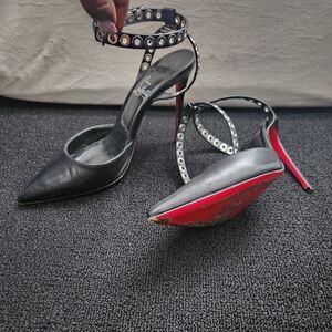 Christian Louboutin Pumpaclou 100 heels black with silver metal hardware.  8